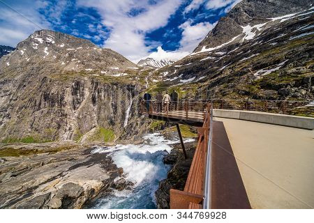 Trollstigen, Norway - June, 2019: Trollstigen Viewing Or Viewpoint Platform. Trollstigen Or Trolls P