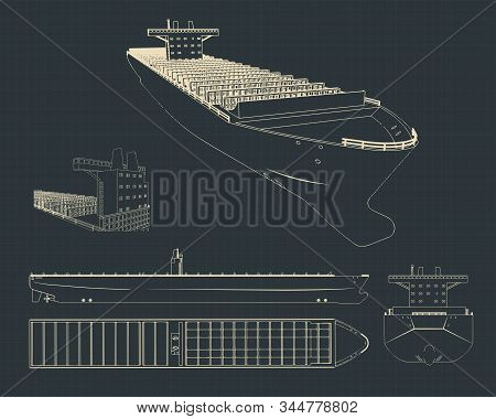 Vector Illustration Of Drawings Of A Large Container Ship
