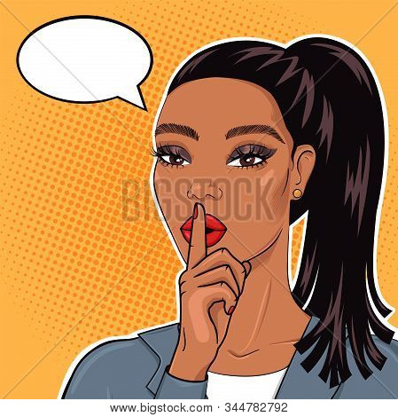 African American Businesswoman In Pop Art Retro Cimic Style With Finger On Lips For Quiet Please, St