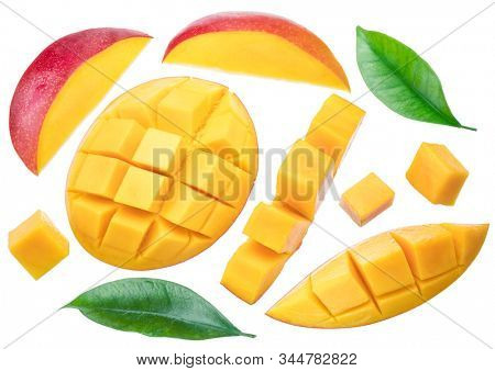Set of mango slices, mango cubes and leaves. Isolated on a white background. File contains clipping path.