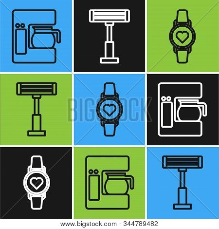 Set Line Coffee Machine With Glass Pot , Smart Watch Showing Heart Beat Rate And Electric Heater Ico