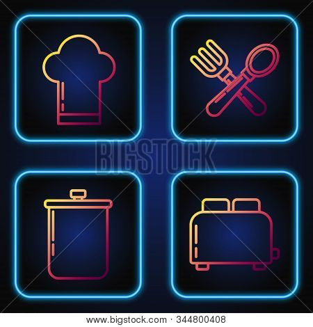 Set Line Toaster With Toasts , Cooking Pot , Chef Hat And Crossed Fork And Spoon . Gradient Color Ic