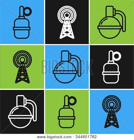 Set Line Hand Grenade , Hand Grenade And Radar Icon. Vector