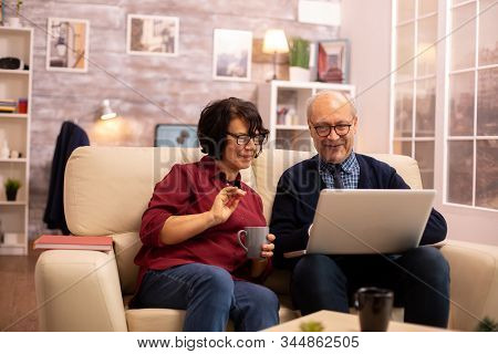 Elderly Old Couple Using Modern Laptop To Chat With Their Grandson