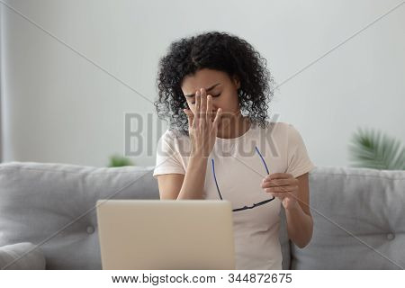 African Woman Taking Off Glasses Reduce Eyestrain After Pc Overuse