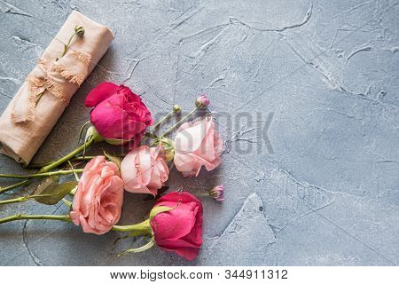 Bouquet Of Pink Roses On A Gray Background. Zero Waste Gift On Mothers Day. Womens Day Card. 8 March