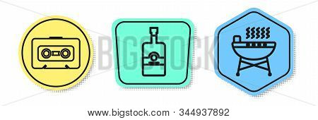 Set Line Retro Audio Cassette Tape , Whiskey Bottle And Barbecue Grill . Colored Shapes. Vector