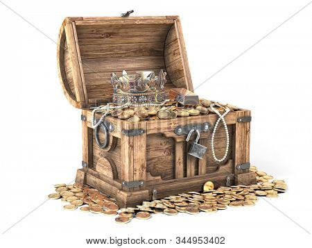 Open treasure chest filled with golden coins, gold  and jewelry isolated on white background. 3d illustration