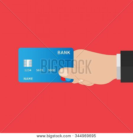 Hand Holding A Credit Card. Credit Card In Blue. Modern Flat Design. Stock Vector Illustration. 10 E