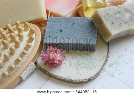Handmade Natural Soap On Wooden Background. Spa Natural Treatments.natural Soap, Handmade Organic Na