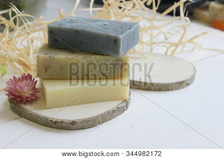 Handmade Natural Soap On Wooden Background. Spa Natural Treatments.natural Soap, Handmade Organic Na