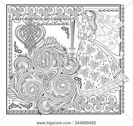 Fantasy Drawing Of Beautiful Celtic Fairy And Medieval Decoration. Black And White Page For Coloring