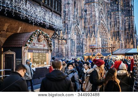 Strasbourg, France - Dec 20, 2016: Large Group Of People Discovering The Christmas Market In Central