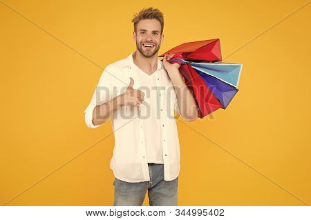 Best Price. Cyber Monday. Total Sale. Positive Man Enjoying Shopping. Happy Man With Shopping Bags. 