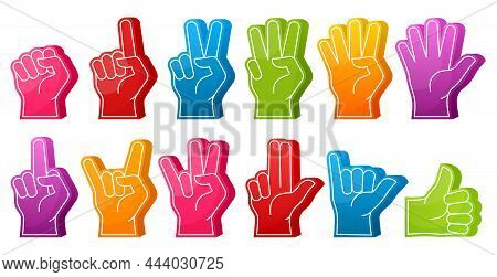 Fan Foam Fingers, Sports Fan Support Hands With Different Gestures. Fist Place, Thumb Up And Ok Sign