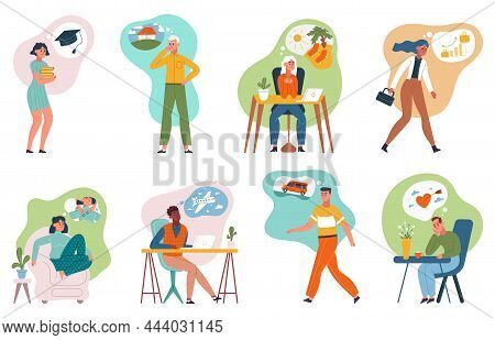 Dreamy Thoughtful Characters, Dreaming People With Thought Bubbles. Happy Persons Dream About Succes