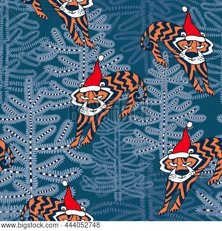 Holiday Seamless Pattern With Christmas Tiger In Red Cap In Coniferous Forest With Christmas Trees. 