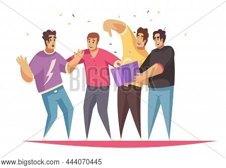 Gift Present Composition With Group Of Mamale Friends Surrounded By Confetti With Gift Box Vector Il
