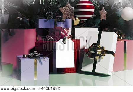 Christmas Mock Up With Gifts Under The Christmas Tree Close-up Withcopyspace. New Year Mood, Festive