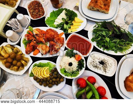 Traditional Azerbaijani Food Plateau, Different Types Cheese, Tomatoes, Onion, Cucumber, Olives, Sal