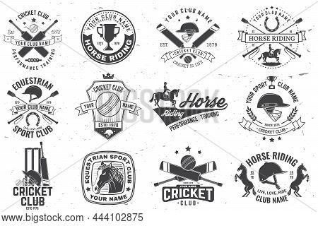 Set Of Cricket And Horse Riding Club, Patches, Emblem, Logo. Vector Illustration. Concept For Shirt,