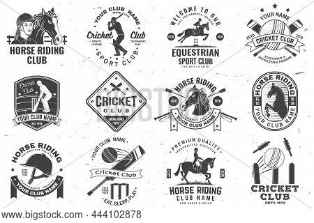 Set Of Cricket And Horse Riding Club, Patches, Emblem, Logo. Vector Illustration. Concept For Shirt,