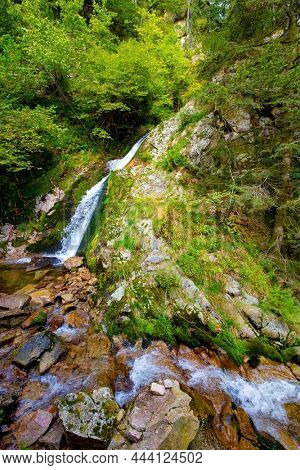 Cascading highest waterfall - Allerheiligen. Travel to the fabulous country of the Schwarzwald. Autumn cloudy day. Germany. Famous forest in the Europe - the Black Forest