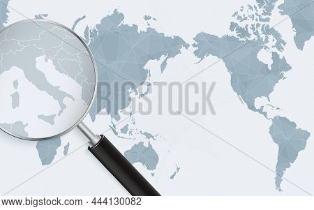 Asia Centered World Map With Magnified Glass On Vatican City. Focus On Map Of Vatican City On Pacifi