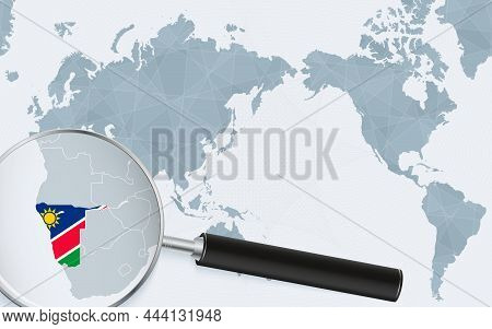 Asia Centered World Map With Magnified Glass On Namibia. Focus On Map Of Namibia On Pacific-centric 