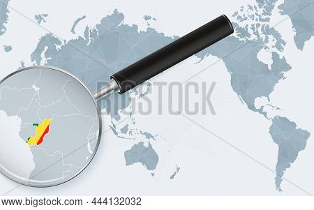 Asia Centered World Map With Magnified Glass On Congo. Focus On Map Of Congo On Pacific-centric Worl