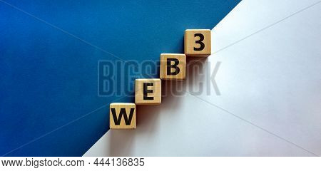 Web3 Or Web 3 Symbol. Wooden Cubes With Concept Words Web 3. Beautiful Blue And White Background, Co