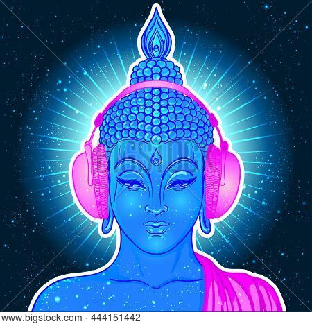 Modern Buddha Listening To The Music In Headphones In Neon Colors Isolated On White. Vector Illustra