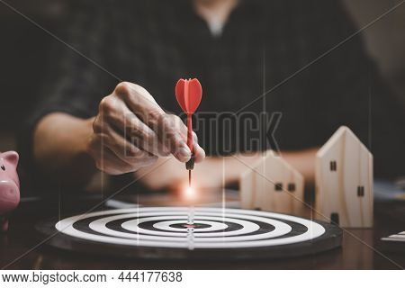 Targeting The Business Concept, Businessman Touch Red Arrow Dart To The Virtual Target Dartboard, Ex