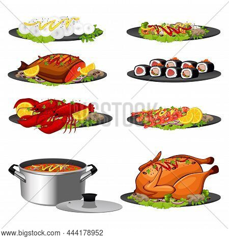 8 Pcs Ready Meals, Restaurant Food On A White Background - Illustration
