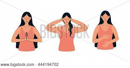 Woman Self-healing Reiki. A Woman Heals Her Body With The Energy Of Reiki. Holistic Self-therapy Vec