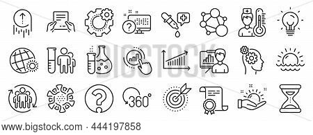 Set Of Science Icons, Such As Question Mark, Chemistry Pipette, World Weather Icons. Swipe Up, Prese