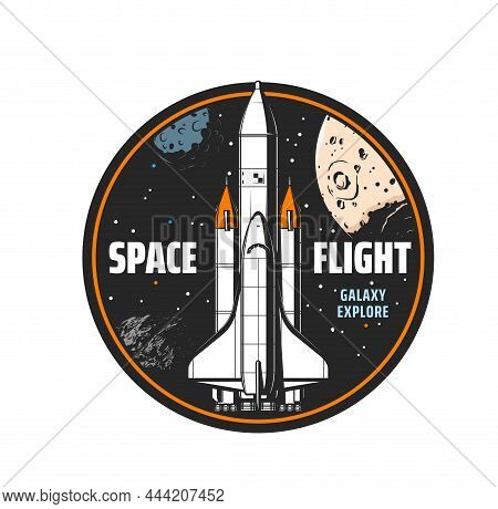 Space Shuttle Icon. Galaxy Exploration, Space Travel And Colonization Symbol With Rocketship, Spacec