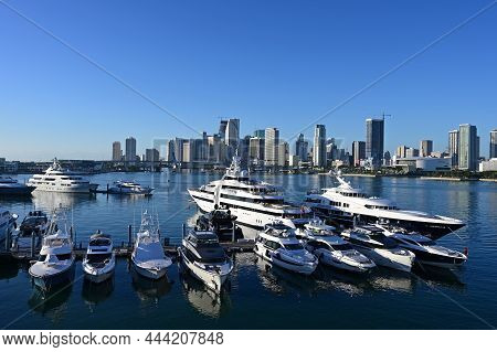 Miami, Florida - December 27, 2021 - Super-yachts Docked In Yacht Haven Grande Miami Marina On Clear