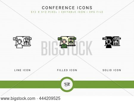Conference Icons Set Vector Illustration With Solid Icon Line Style. Online Video Webinar Concept. E