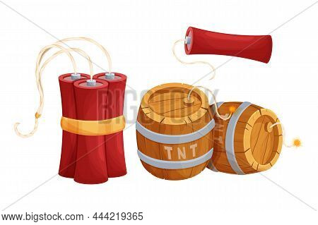 Set Tnt Wooden Barrel With Detonator, Red Dynamite Stick In Comic Cartoon Style Isolated On White Ba