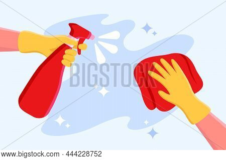Hands In Rubber Gloves Cleaning Surface With Spray And Rag. Person Doing Domestic Work Flat Vector I