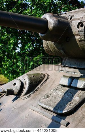 Close Up Of Machine Gun And Metal Hatch On Soviet Tank From Second World War Ii. Selective Focus On 