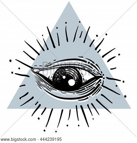 Eye Of Providence. Masonic Symbol. All Seeing Eye Inside Triangle Pyramid. New World Order. Hand-dra