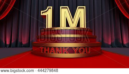 1m One Million Followers Celebration. Number 1m On The Stage With Black And Red Curtains On The Back