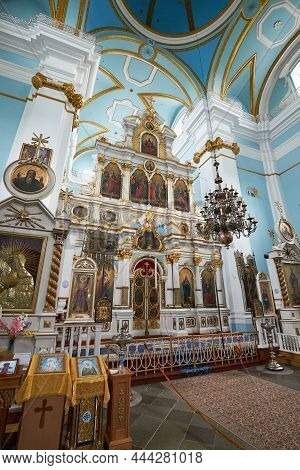 Glubokoe, Belarus - August 10, 2021: Interior Of The Old Ancient Orthodox Cathedral Of The Nativity 