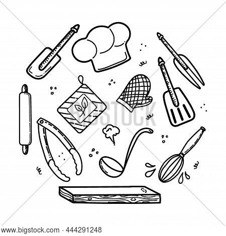 Hand-drawn Chef's Tools And Doodle-style Clothing. Vector Illustration In The Form Of Icons. Chef's 