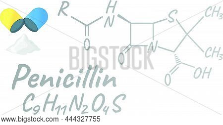 Penicillin Antibiotic Chemical Formula And Composition, Concept Structural Medical Drug, Isolated On