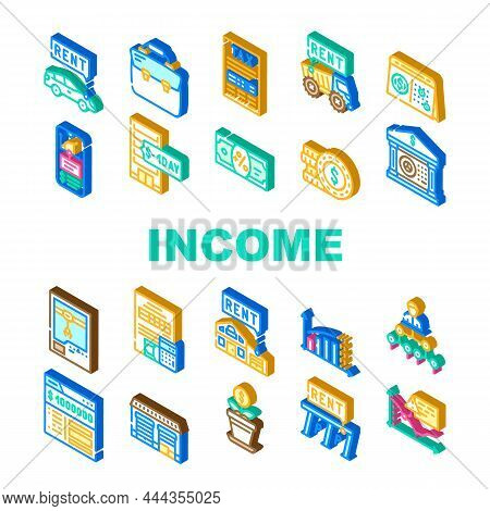 Passive Income Finance Earning Icons Set Vector. Car Rental And Delivery Of Special Transport Truck,