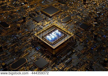 Nft Sign On A Microchip On A Golden Electronic Board. Concept Of Digital Art, Technology, Blockchain