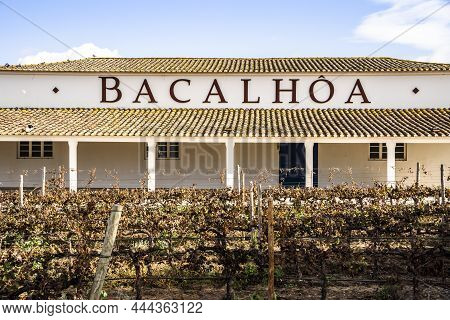 Bacalhoa Winery Building With Vineyards In The Foreground In Azeitao, Portugal